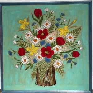 Vintage floral Crewel embroidered art
